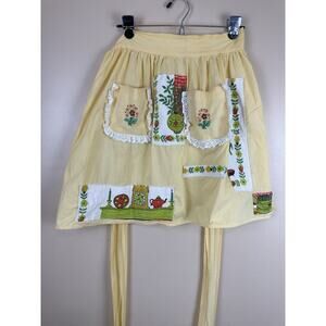 Vintage Yellow Half Apron with Flower Embroidered Pocket & Patchwork, Granny